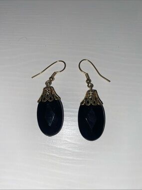 Gold Tone Accent Black Oval Drop Earrings
